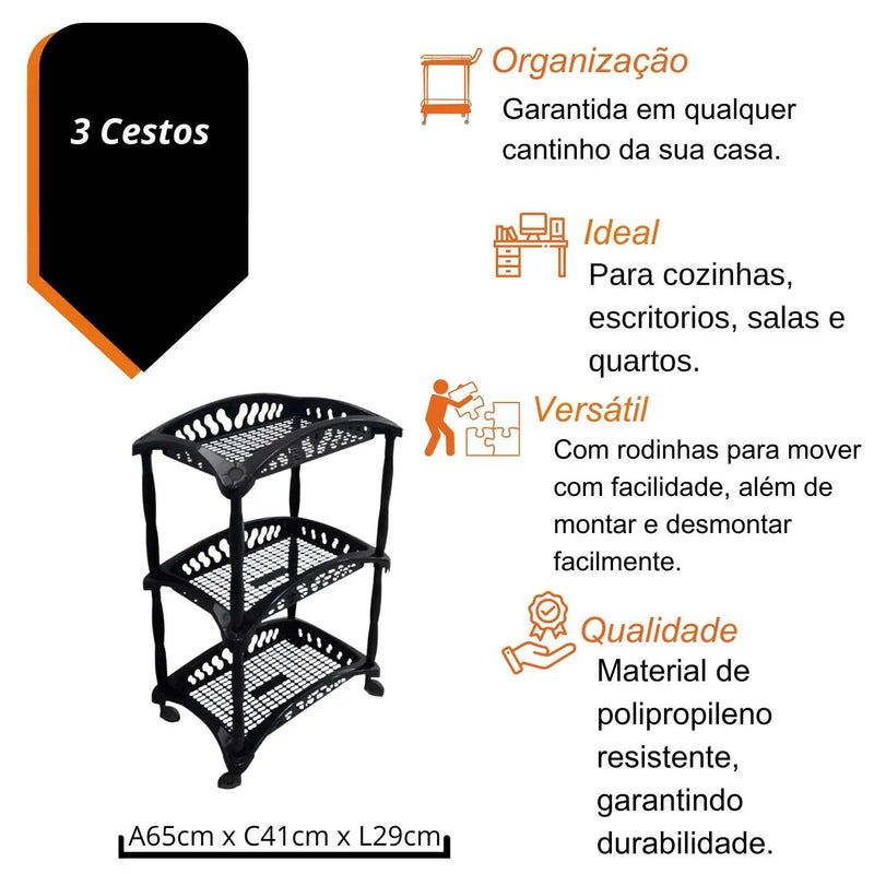 Organizador Vertical Preto com 3 Cestos