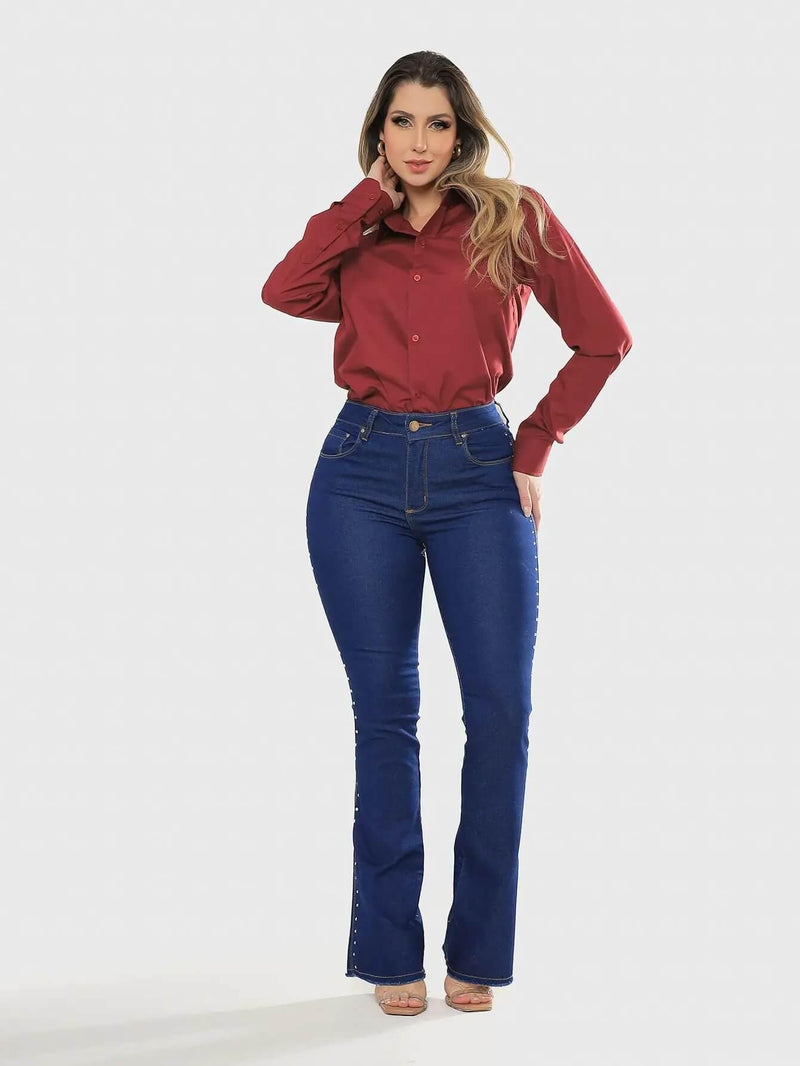 Calça Feminina Flare Jeans Escuro com Strass Lateral