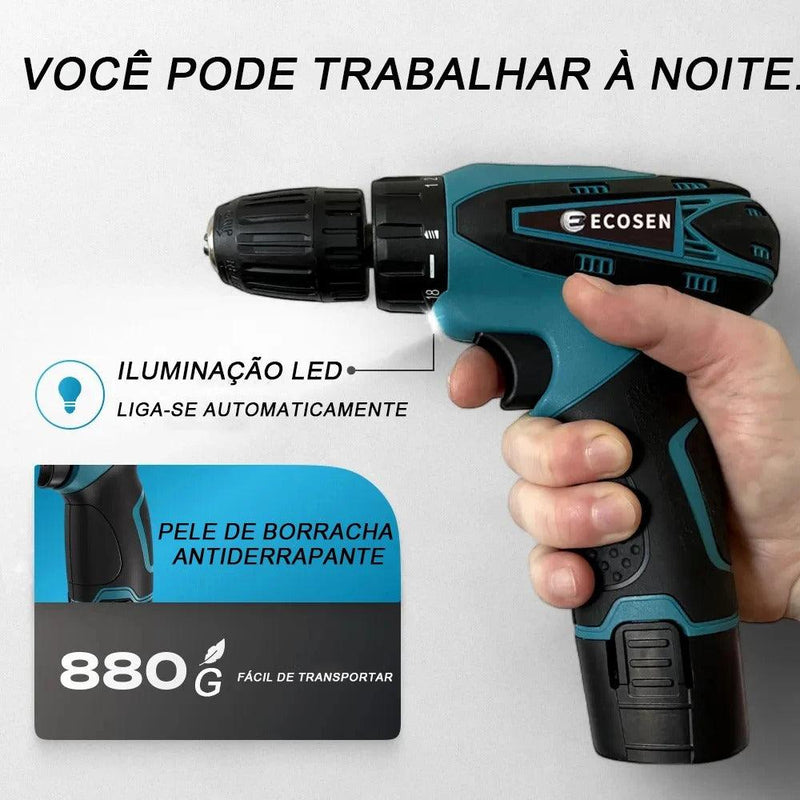 "Furadeira e Parafusadeira Sem Fio 12V com Baterias Recarregáveis e Luz LED Integrada"