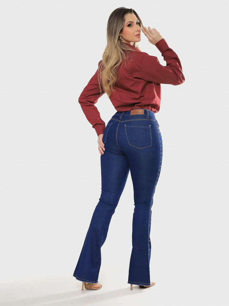 Calça Feminina Flare Jeans Escuro com Strass Lateral