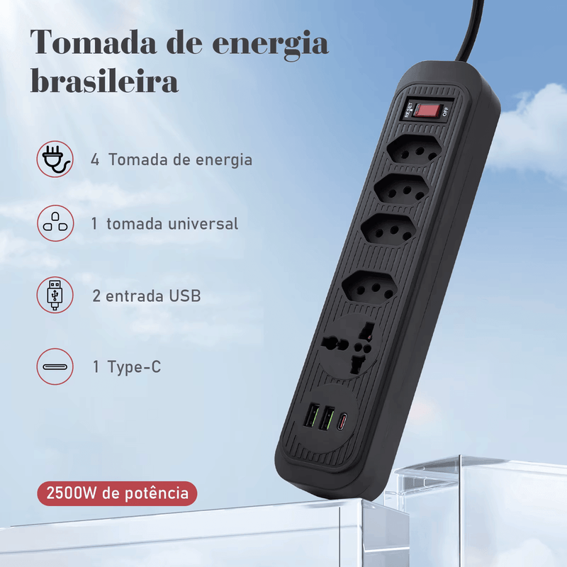 Extensão Elétrica Bivolt com 4 Tomadas, 2 USB, 1 Type-C, Proteção e LED