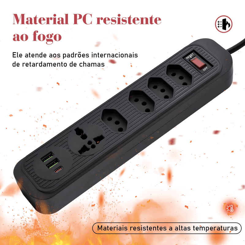 Extensão Elétrica Bivolt com 4 Tomadas, 2 USB, 1 Type-C, Proteção e LED