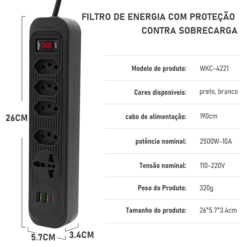 Extensão Elétrica Bivolt com 4 Tomadas, 2 USB, 1 Type-C, Proteção e LED