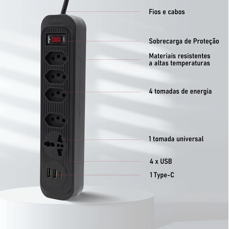 Extensão Elétrica Bivolt com 4 Tomadas, 2 USB, 1 Type-C, Proteção e LED