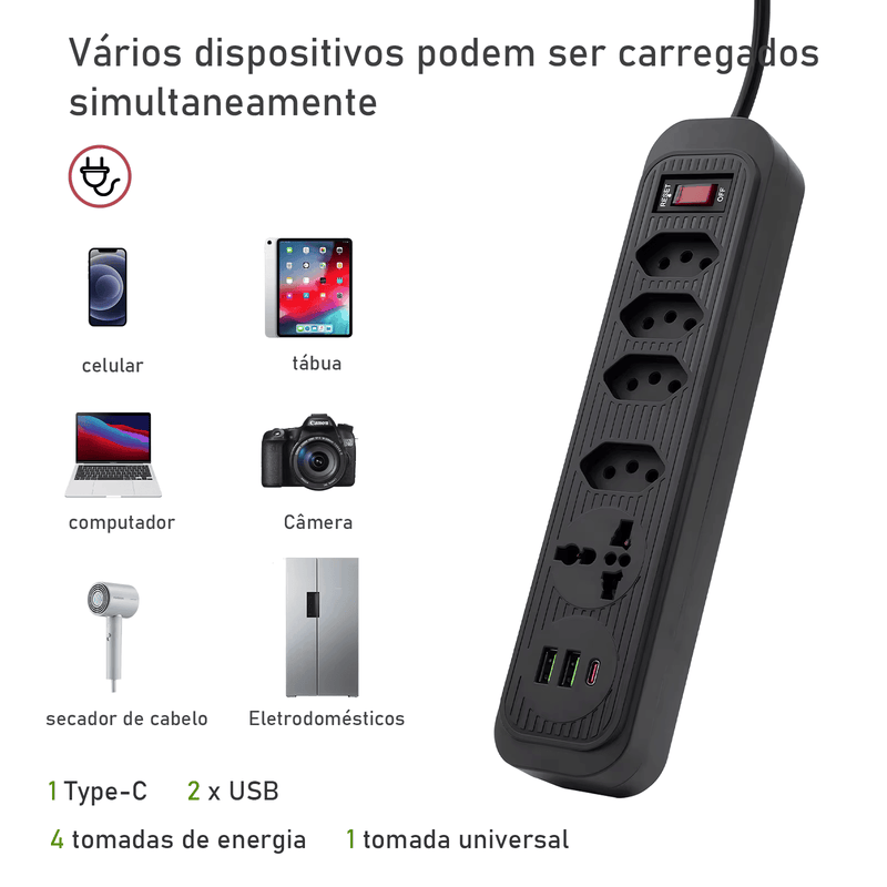 Extensão Elétrica Bivolt com 4 Tomadas, 2 USB, 1 Type-C, Proteção e LED